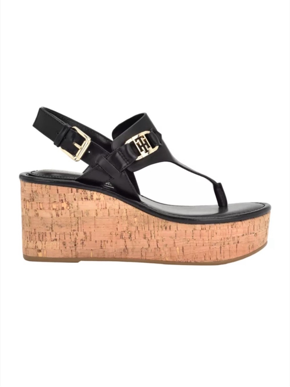 Tommy Hilfiger Black Leather Cork Wedge Thong Sandals with Gold Logo